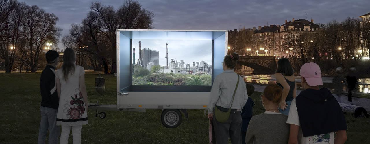 Evening atmosphere along the Isar; people are watching a movie on a mobile video platform.